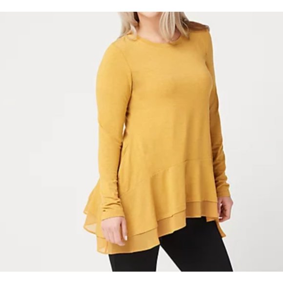 LOGO Lounge Jersey Knit Top w/Chiffon Hem Golden Mustard Size XX Small - Picture 3 of 3